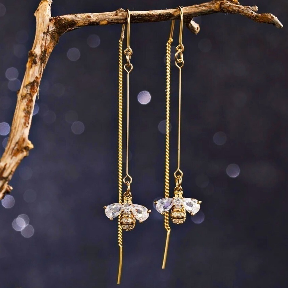 18K Gold Plated Long Threader Chain Drop Bumblebee Bee Earrings W/ Diamond Inlay